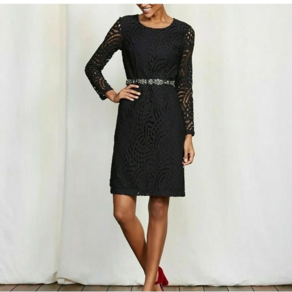 BODEN Zeta Black Lace Long Sleeve Shift Dress Size 8
